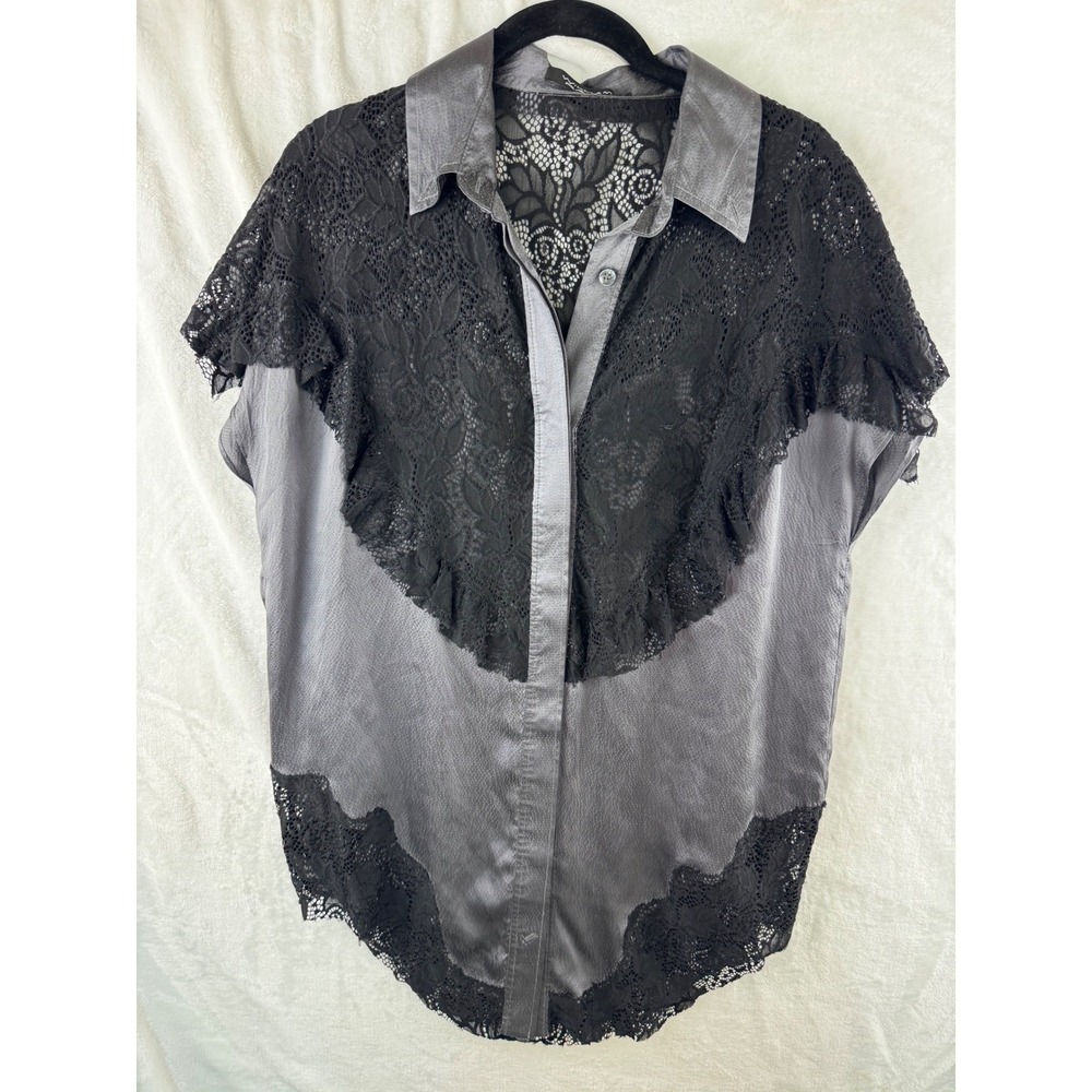William Rast Womens S Grayโ 100% Silk Lace Button Down Short Sleeve Blouse Top